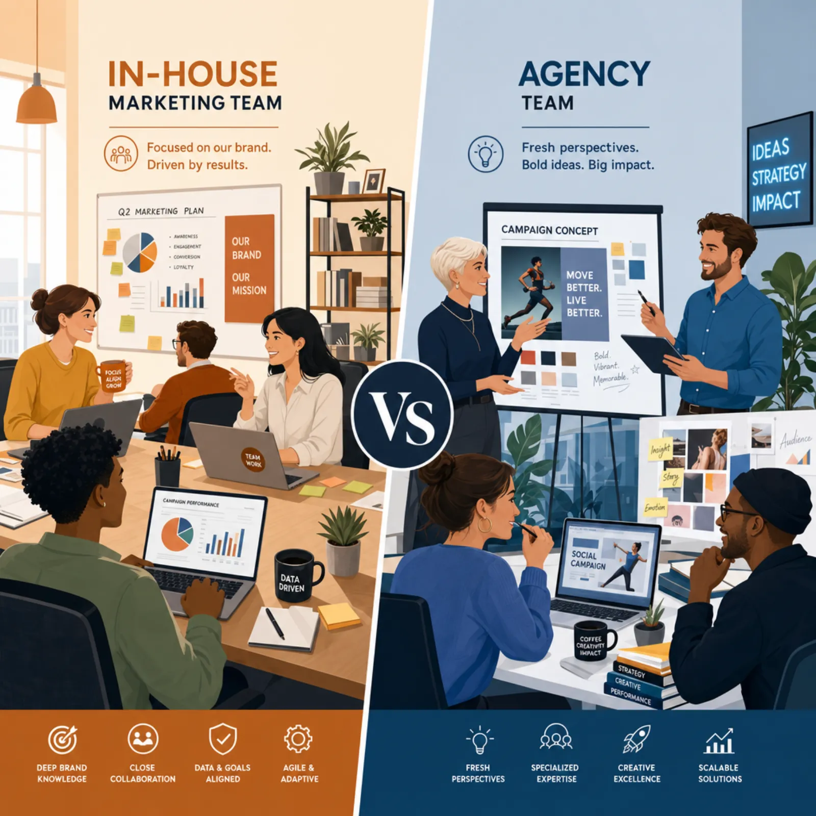 In-house marketing team versus agency comparison visualization