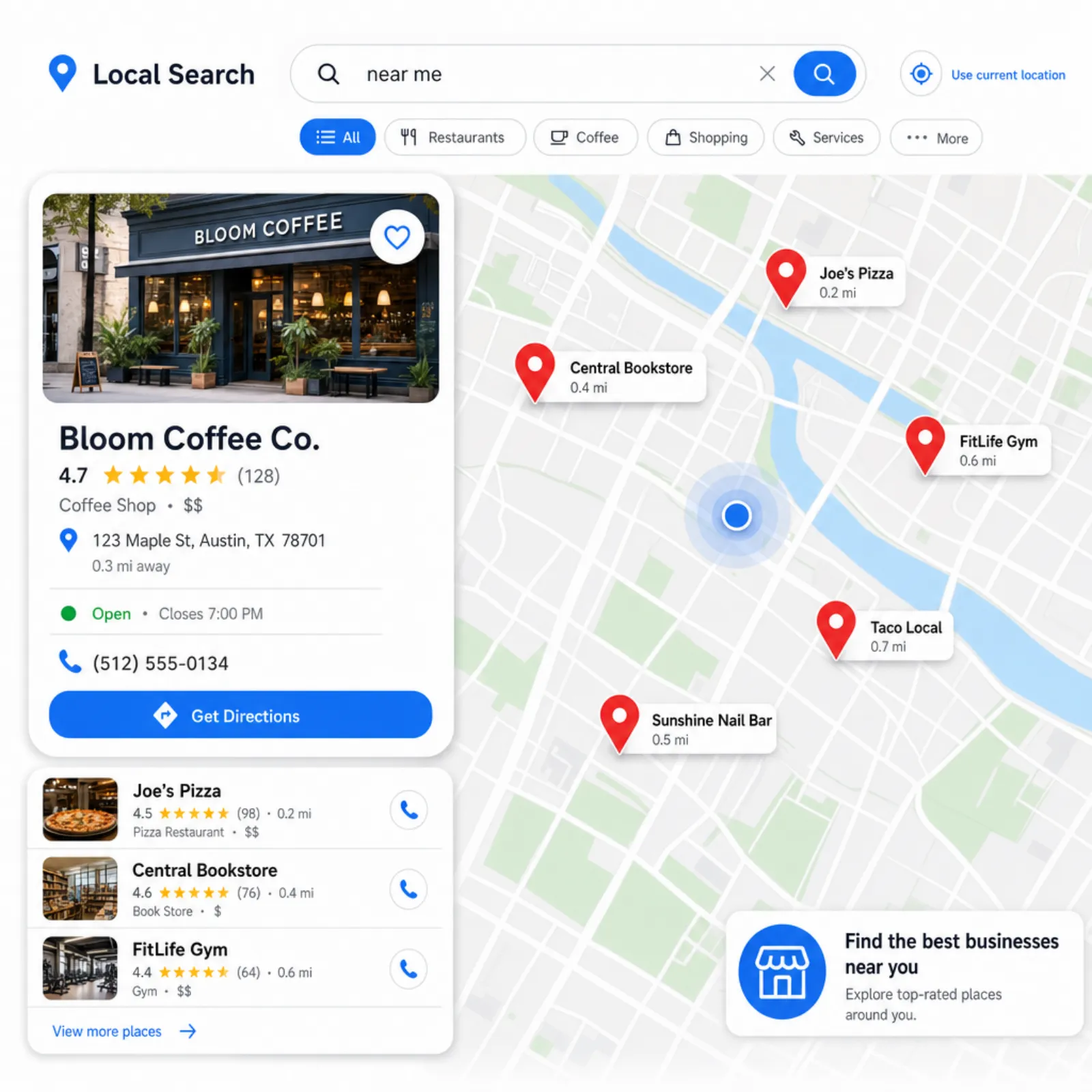 Local search map visualization with business pins and nearby search results
