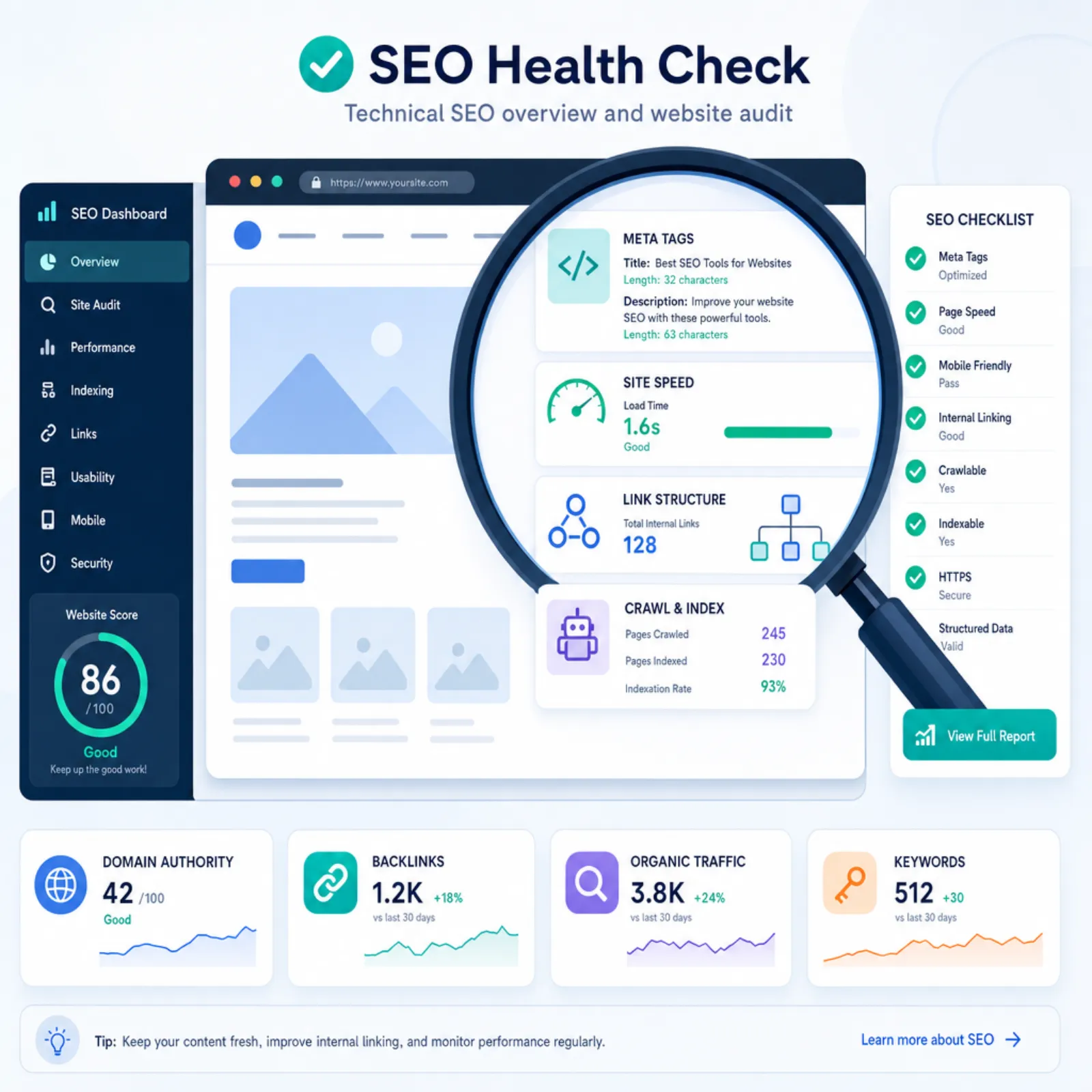 Technical SEO health check visualization with magnifying glass over website
