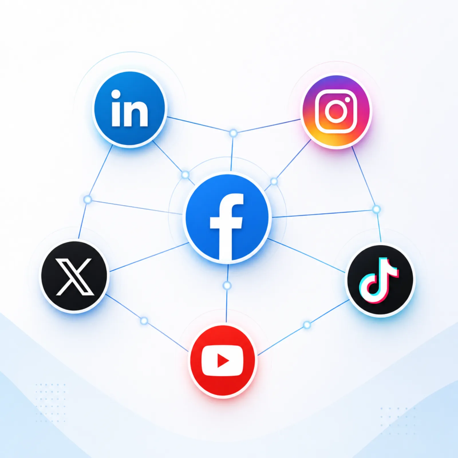 Social media platforms network visualization with connected platform icons