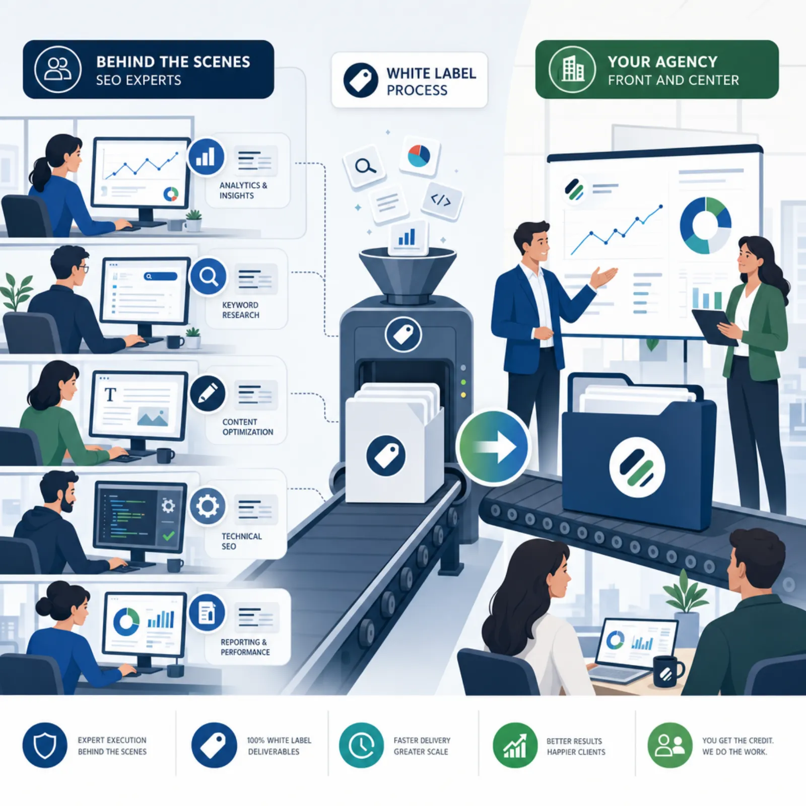 White label SEO concept showing behind-the-scenes production and agency delivery