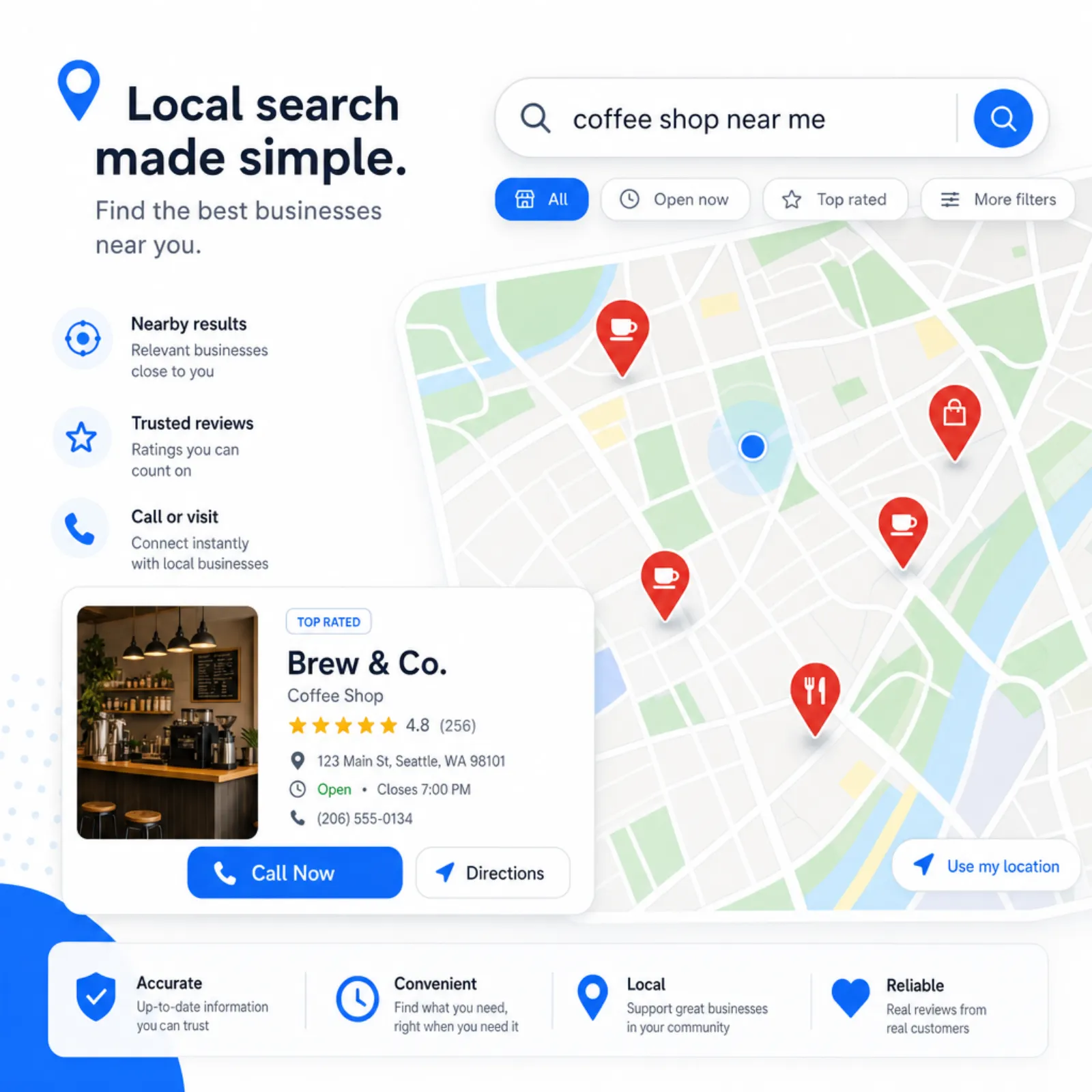 Local search map visualization with business pins and nearby search results