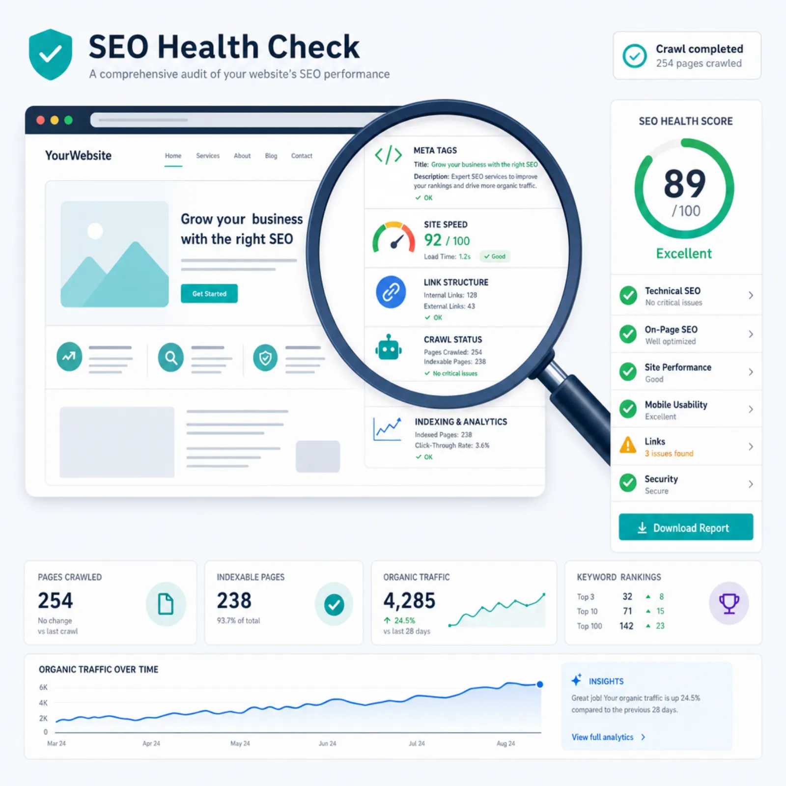 Technical SEO health check visualization with magnifying glass over website