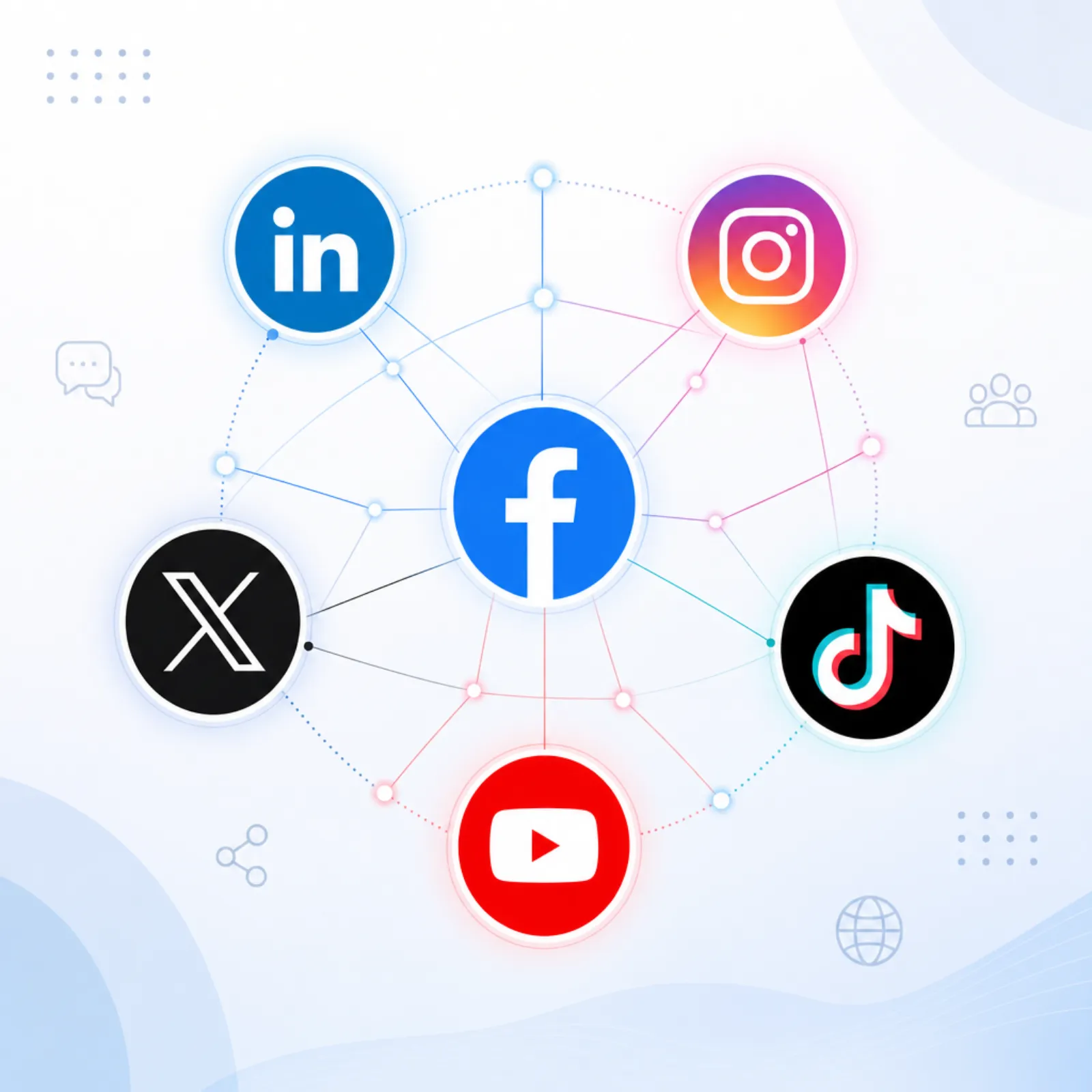 Social media platforms network visualization with connected platform icons